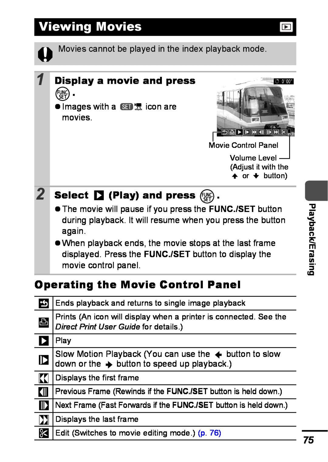 Canon A540 appendix Viewing Movies, Operating the Movie Control Panel, Display a movie and press, Select Play and press 