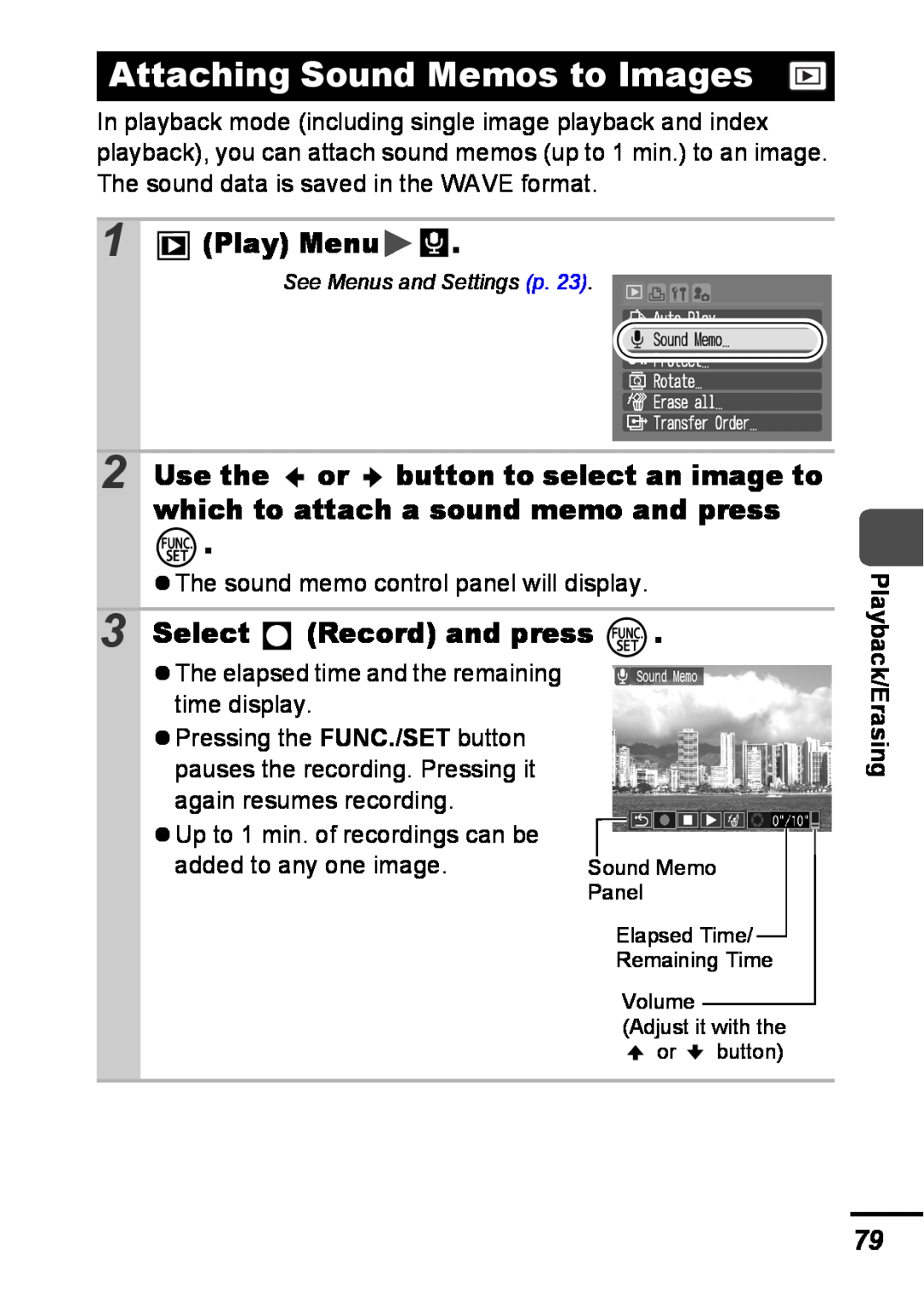 Canon A540 appendix Attaching Sound Memos to Images, Select Record and press, Play Menu, Playback/Erasing 