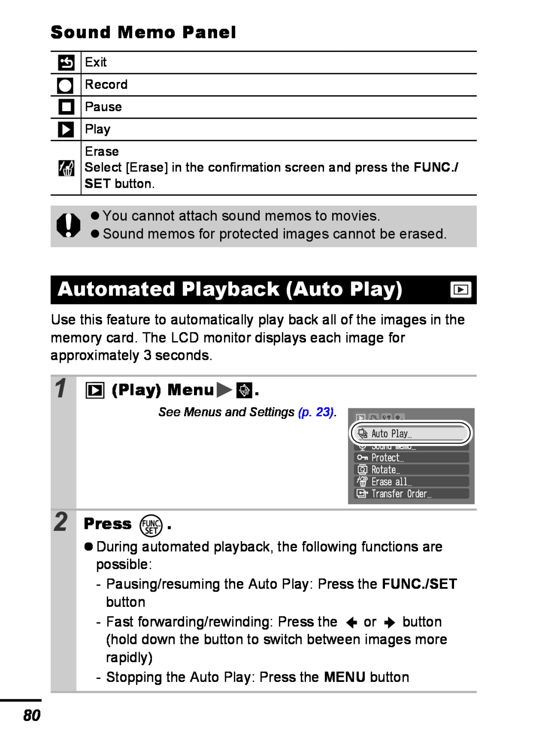 Canon A540 appendix Automated Playback Auto Play, Sound Memo Panel, Press, Play Menu 