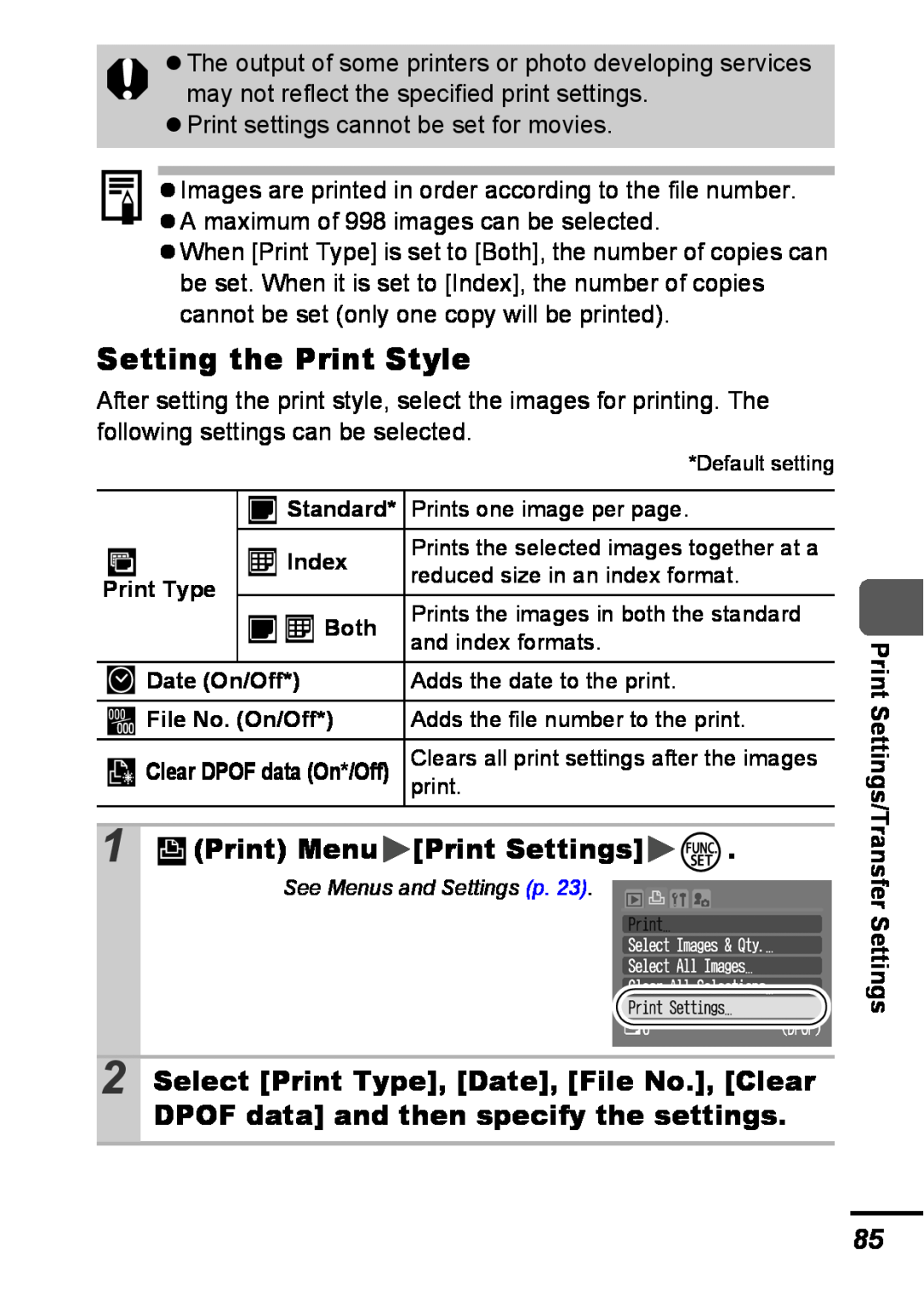 Canon A540 appendix Setting the Print Style, Print Menu Print Settings, Print Settings/Transfer Settings 