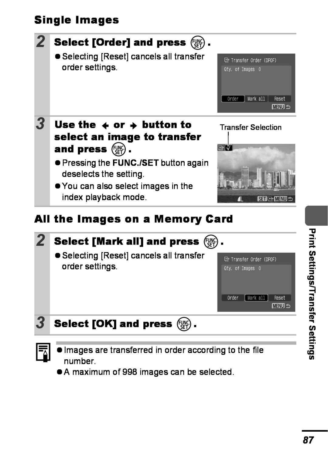 Canon A540 appendix Select Order and press, Use the or, button to, select an image to transfer, Select Mark all and press 