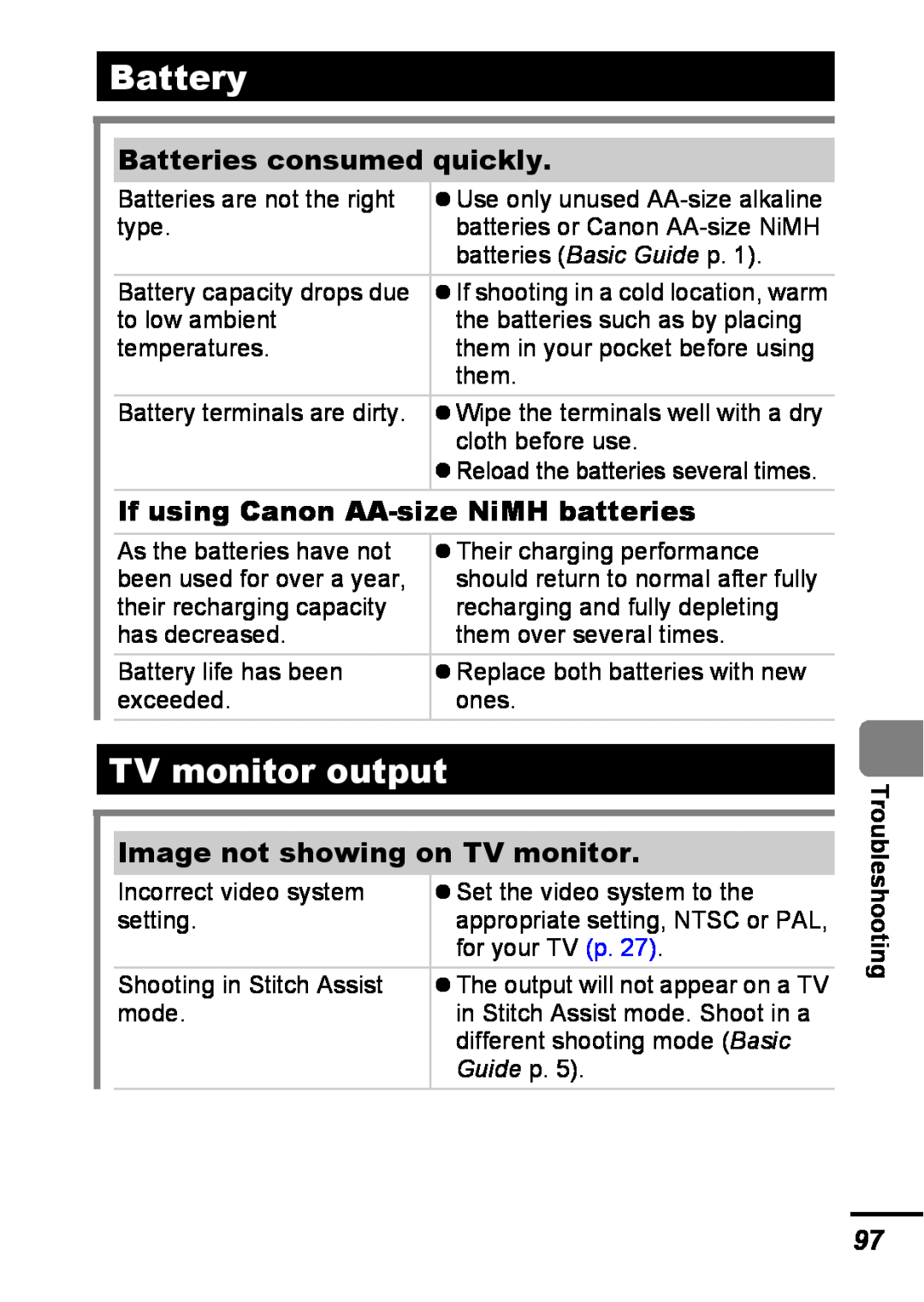 Canon A540 appendix Battery, TV monitor output, Batteries consumed quickly, If using Canon AA-size NiMH batteries, Guide p 