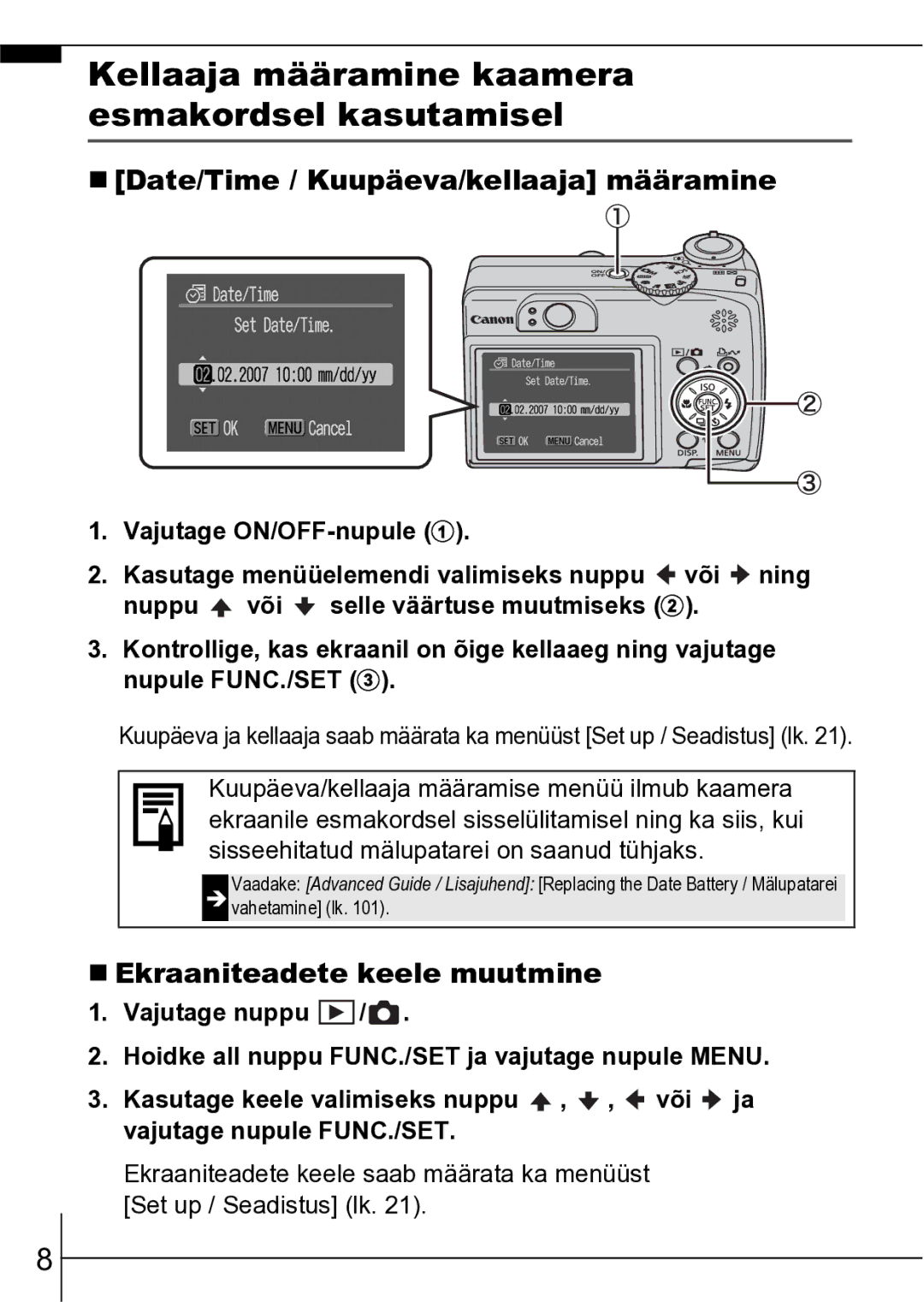 Canon A550 manual „ Date/Time / Kuupäeva/kellaaja määramine, „ Ekraaniteadete keele muutmine 