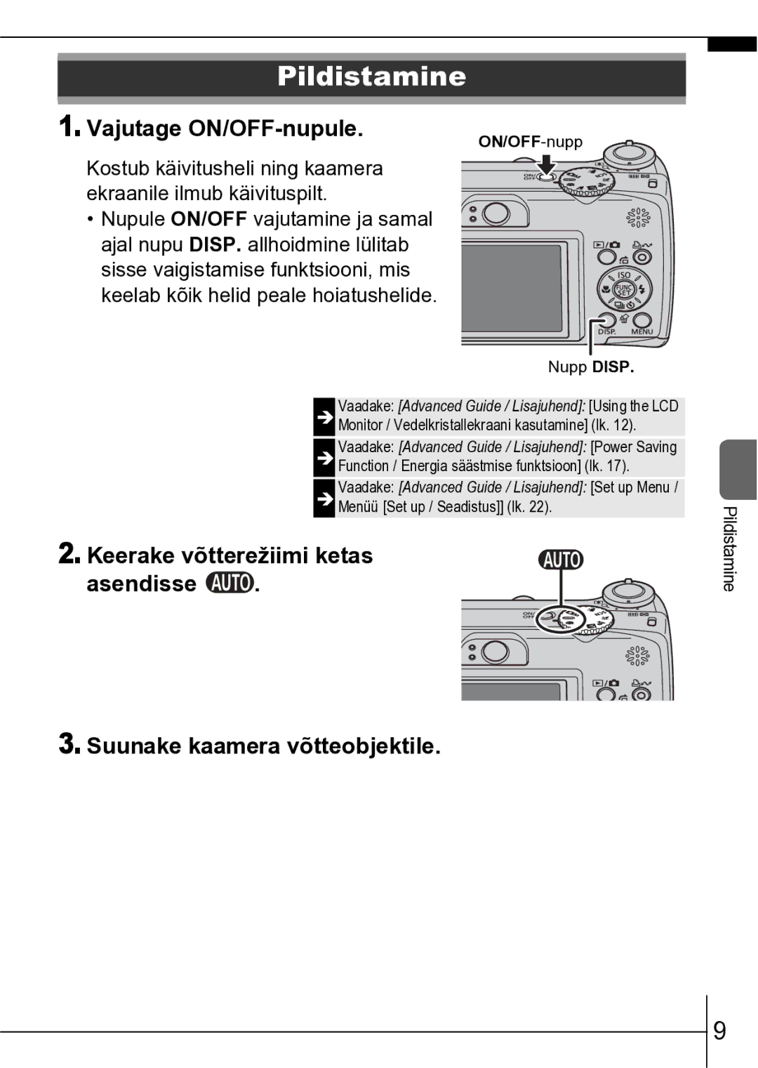 Canon A550 manual Pildistamine, Vajutage ON/OFF-nupule, ON/OFF-nupp 