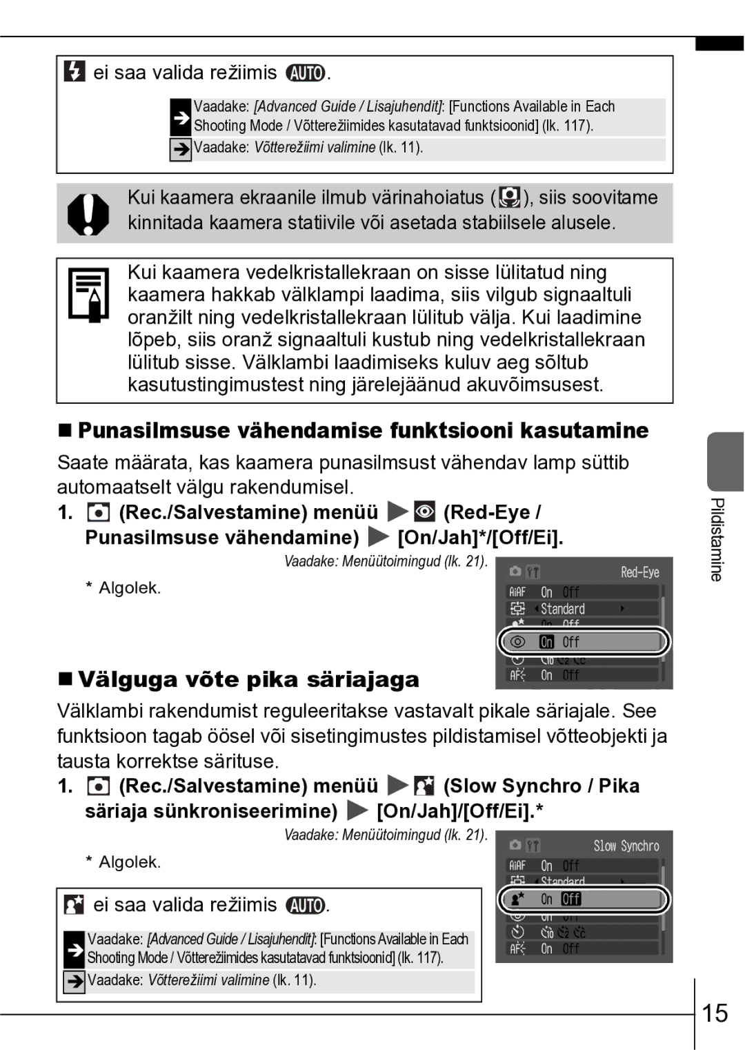 Canon A550 manual „ Välguga võte pika säriajaga, „ Punasilmsuse vähendamise funktsiooni kasutamine 