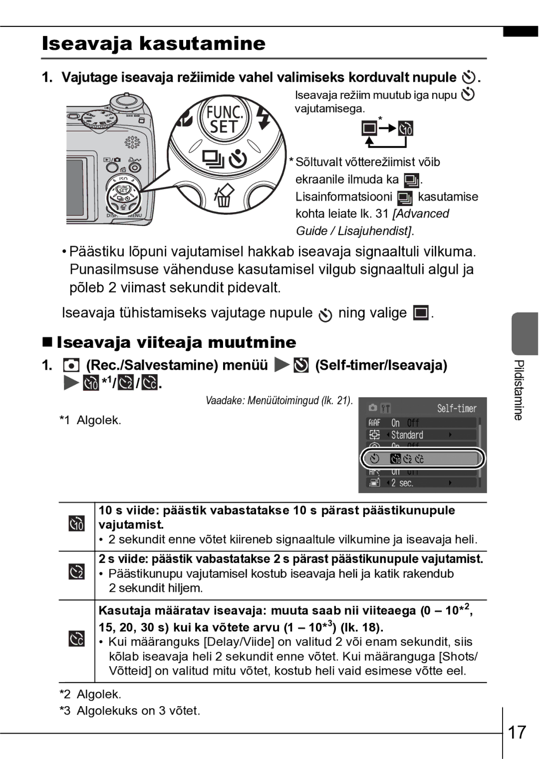 Canon A550 manual Iseavaja kasutamine, „ Iseavaja viiteaja muutmine, Rec./Salvestamine menüü Self-timer/Iseavaja *1 