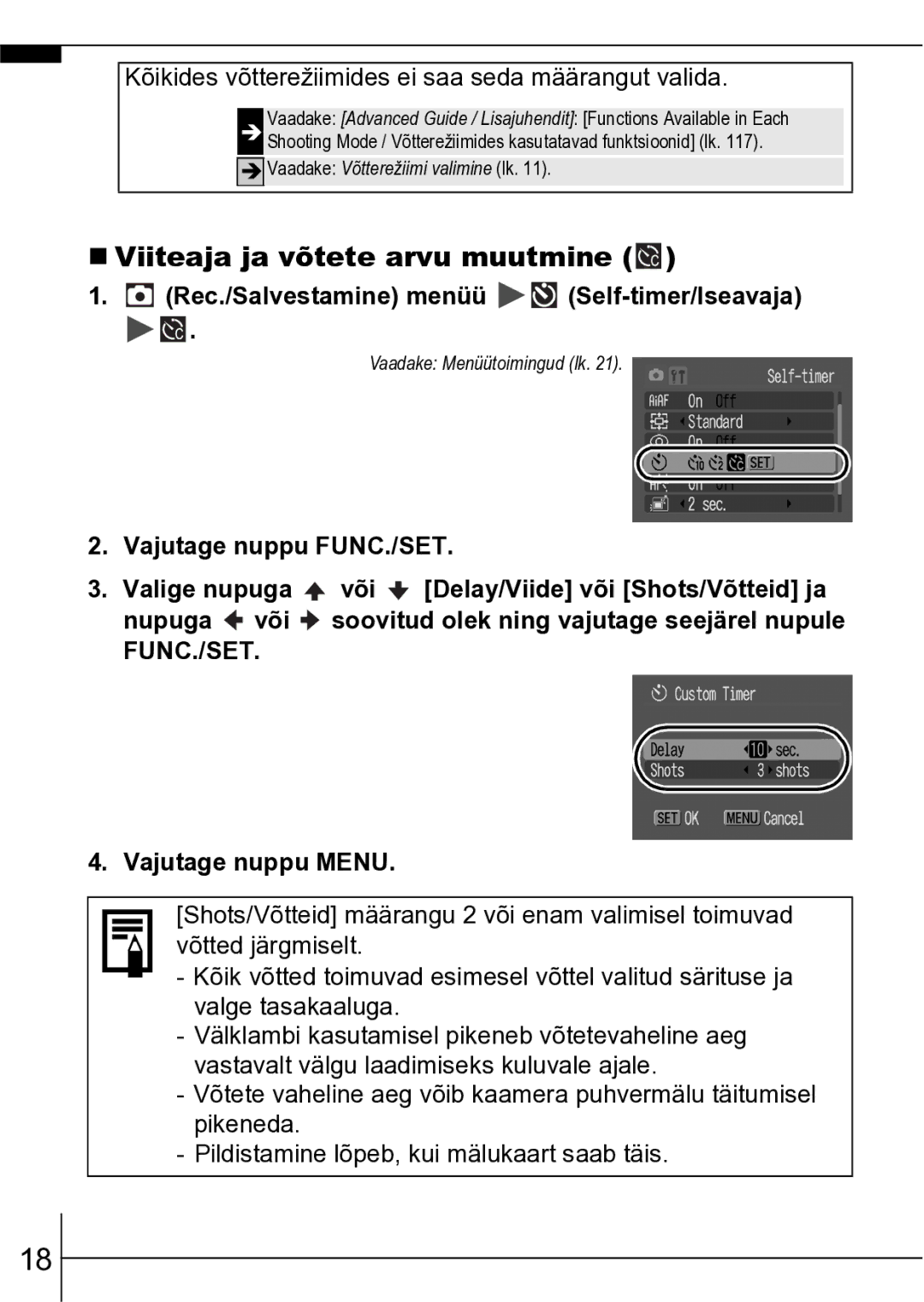 Canon A550 manual „ Viiteaja ja võtete arvu muutmine, Rec./Salvestamine menüü Self-timer/Iseavaja, Vajutage nuppu Menu 