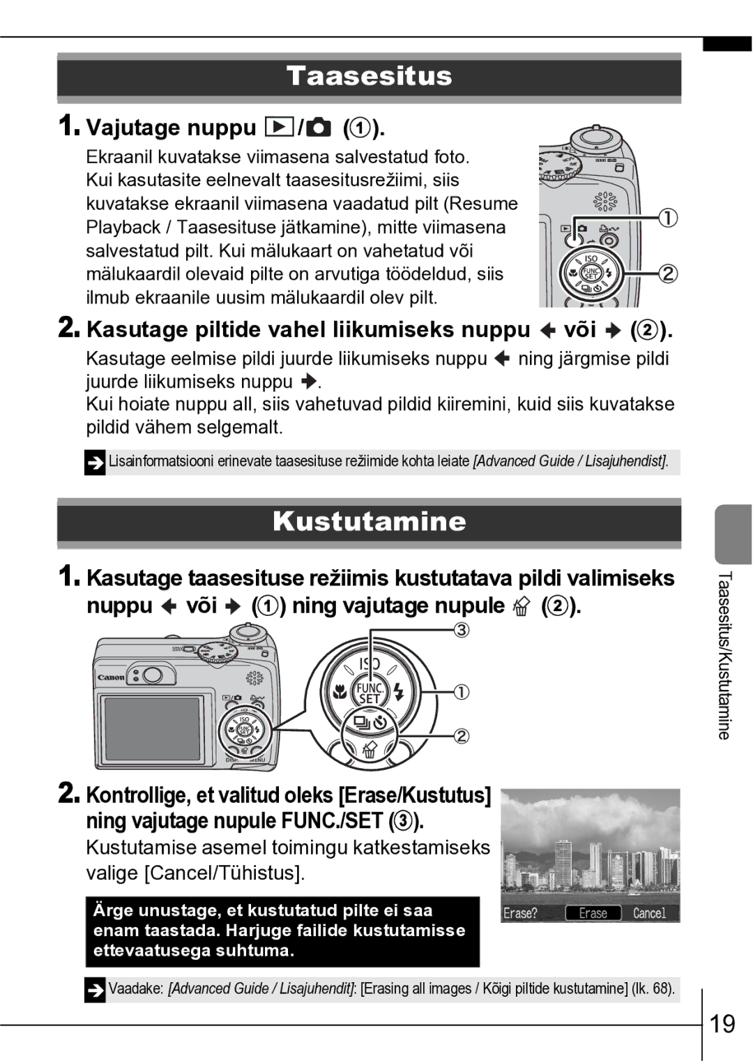 Canon A550 manual Taasesitus, Kustutamine, Vajutage nuppu / a, Kasutage piltide vahel liikumiseks nuppu või b 