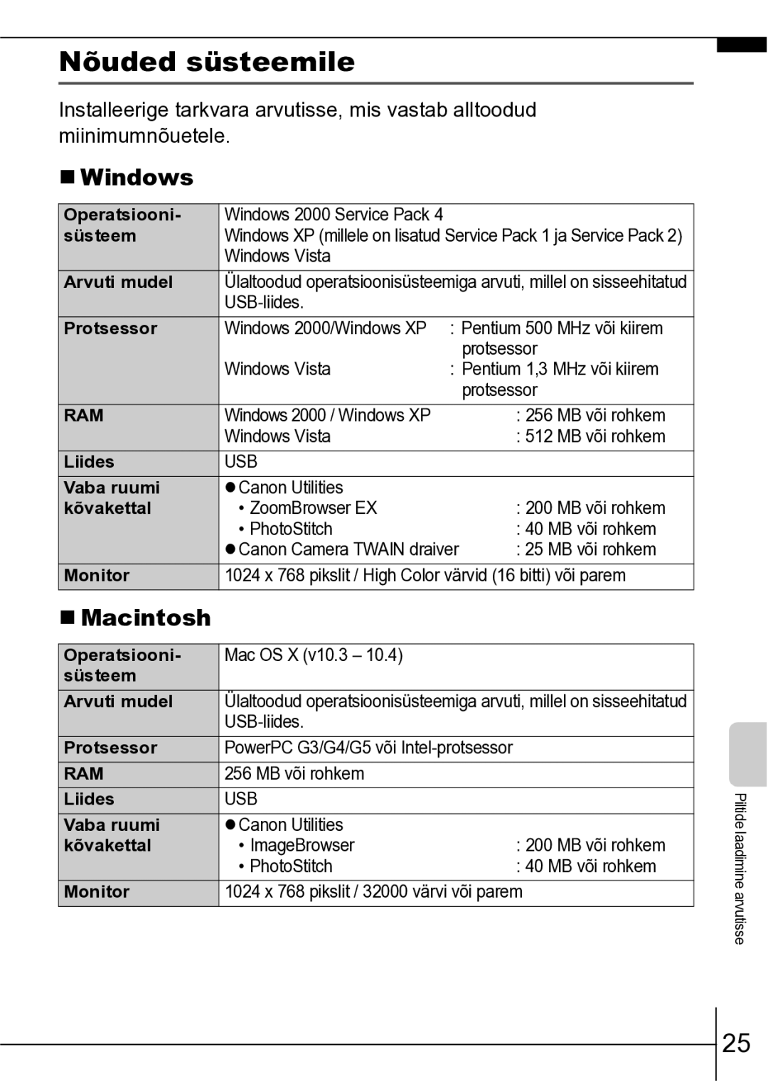 Canon A550 manual Nõuded süsteemile, „ Windows, „ Macintosh 