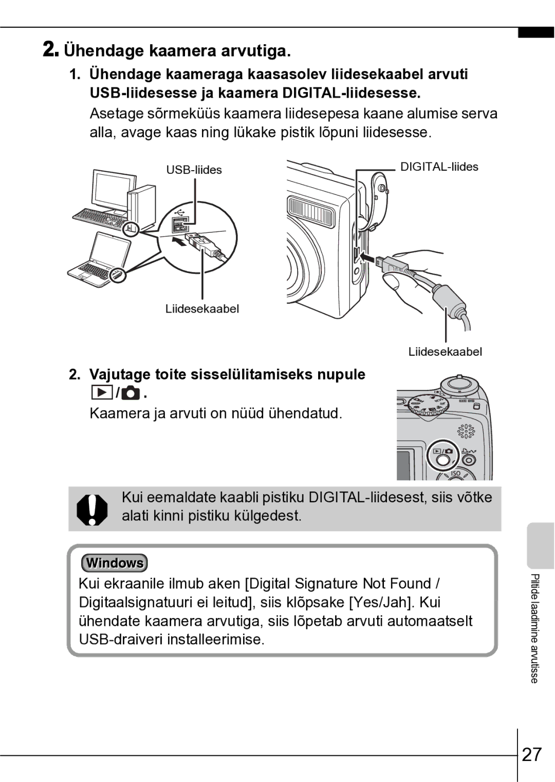 Canon A550 manual Ühendage kaamera arvutiga, Vajutage toite sisselülitamiseks nupule 