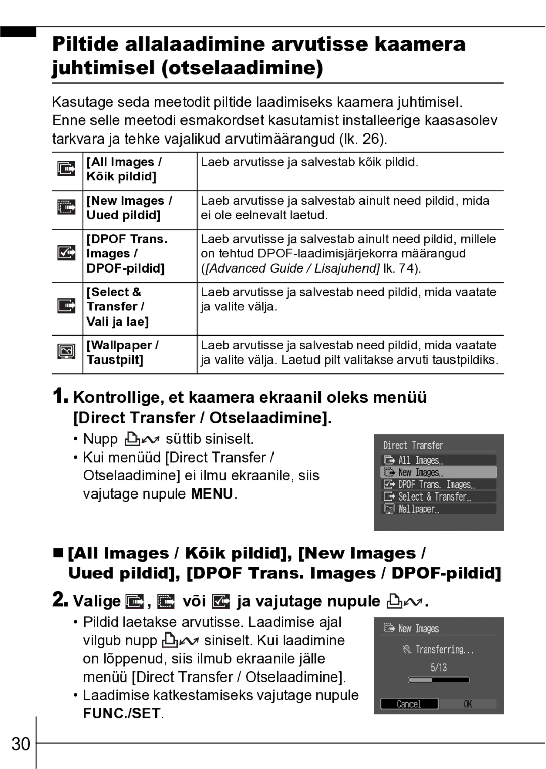 Canon A550 manual Select, Transfer Ja valite välja Vali ja lae Wallpaper, Taustpilt 