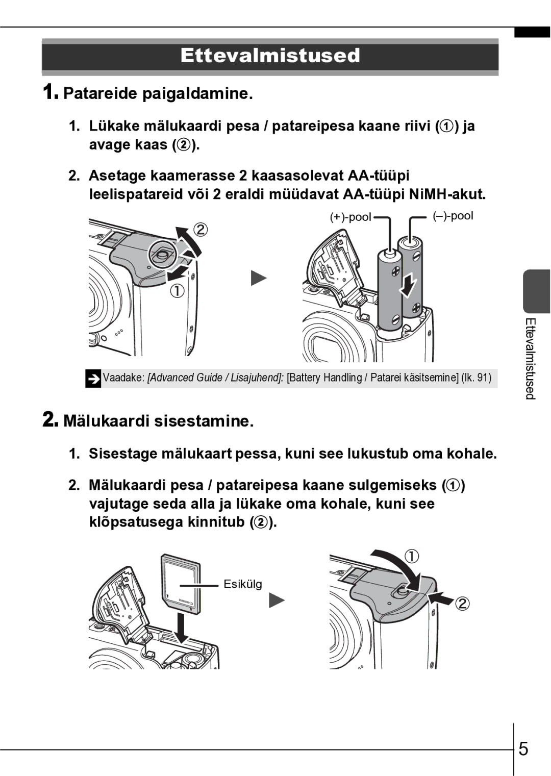 Canon A550 manual Ettevalmistused, Patareide paigaldamine, Mälukaardi sisestamine 