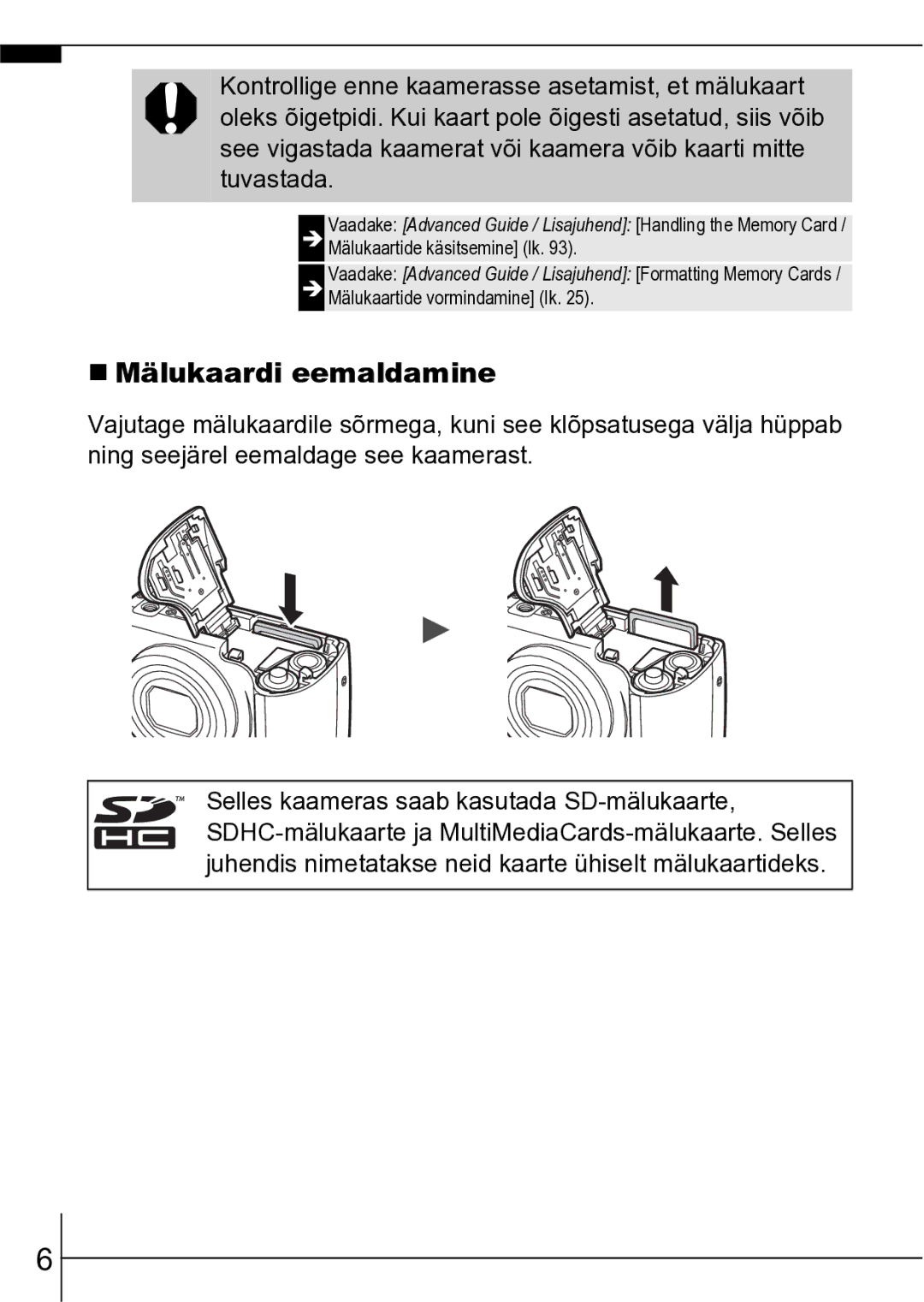 Canon A550 manual „ Mälukaardi eemaldamine 