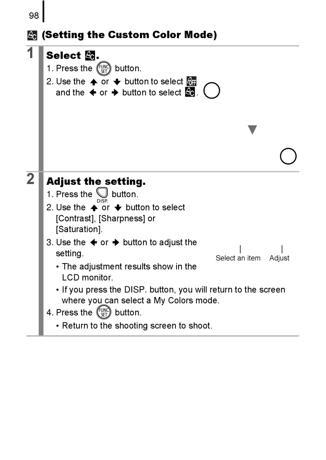 Canon A580 manual Setting the Custom Color Mode Select, Press Button Use Button to select 