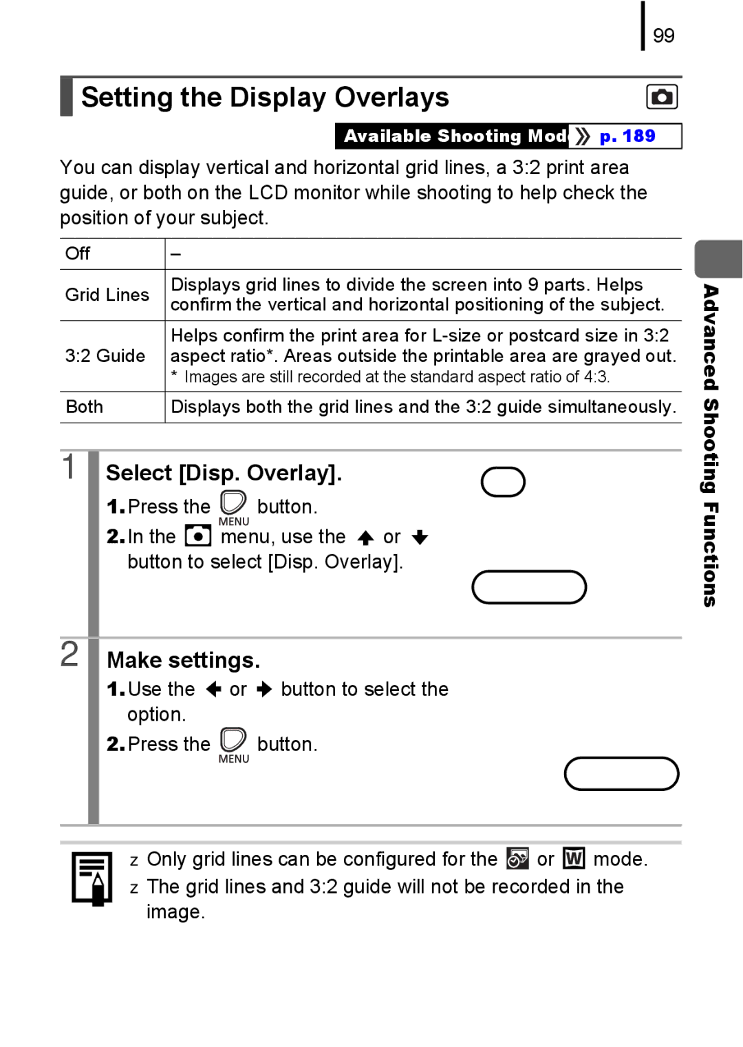 Canon A580 Setting the Display Overlays, Select Disp. Overlay, Use the or button to select the option Press the button 