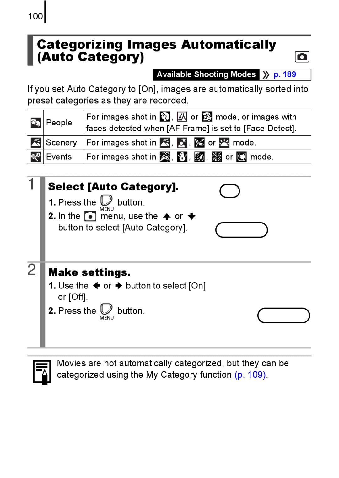 Canon A580 manual Categorizing Images Automatically Auto Category, Select Auto Category, 100 