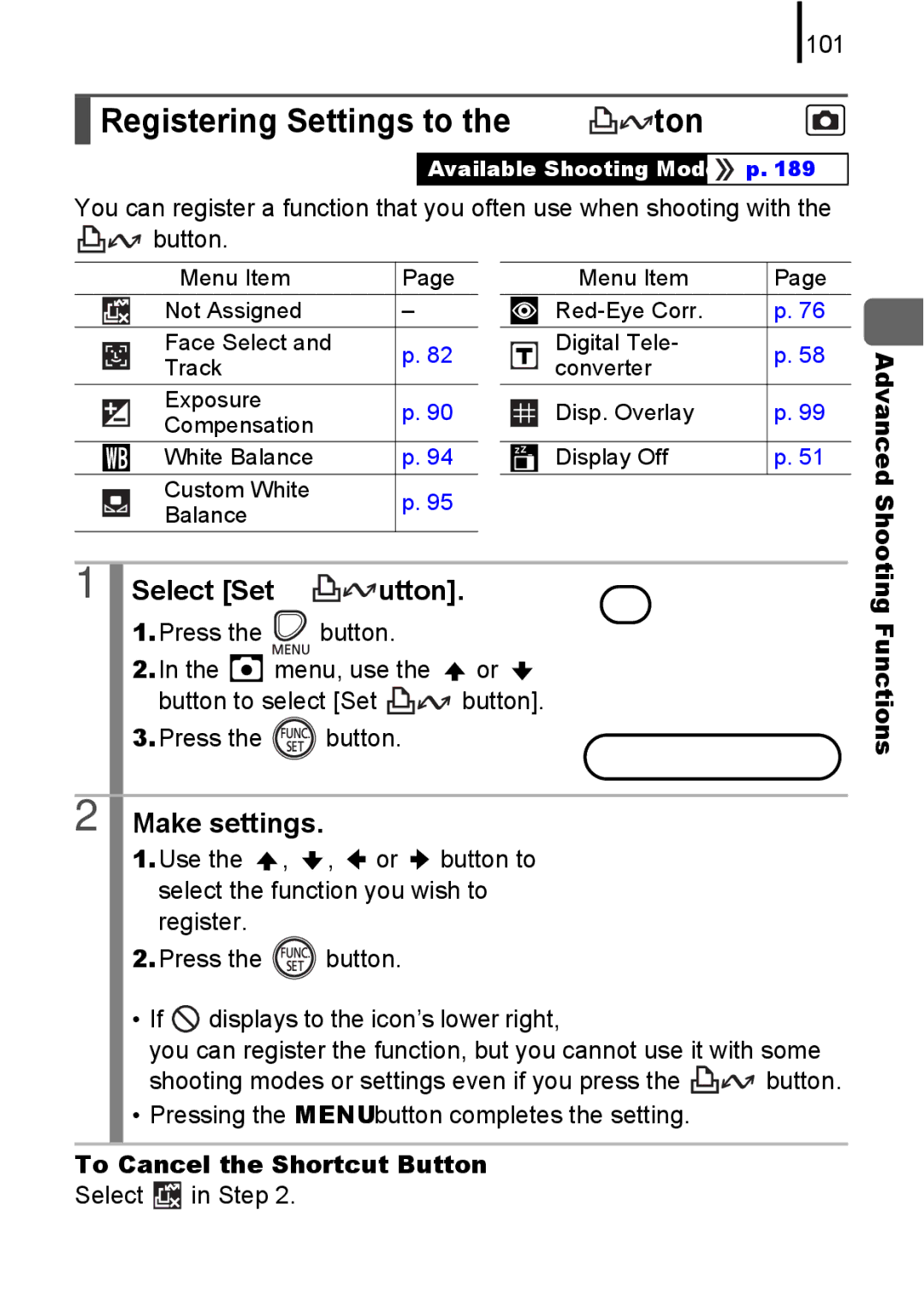 Canon A580 manual Registering Settings to the Button, Select Set button, To Cancel the Shortcut Button, Functions 