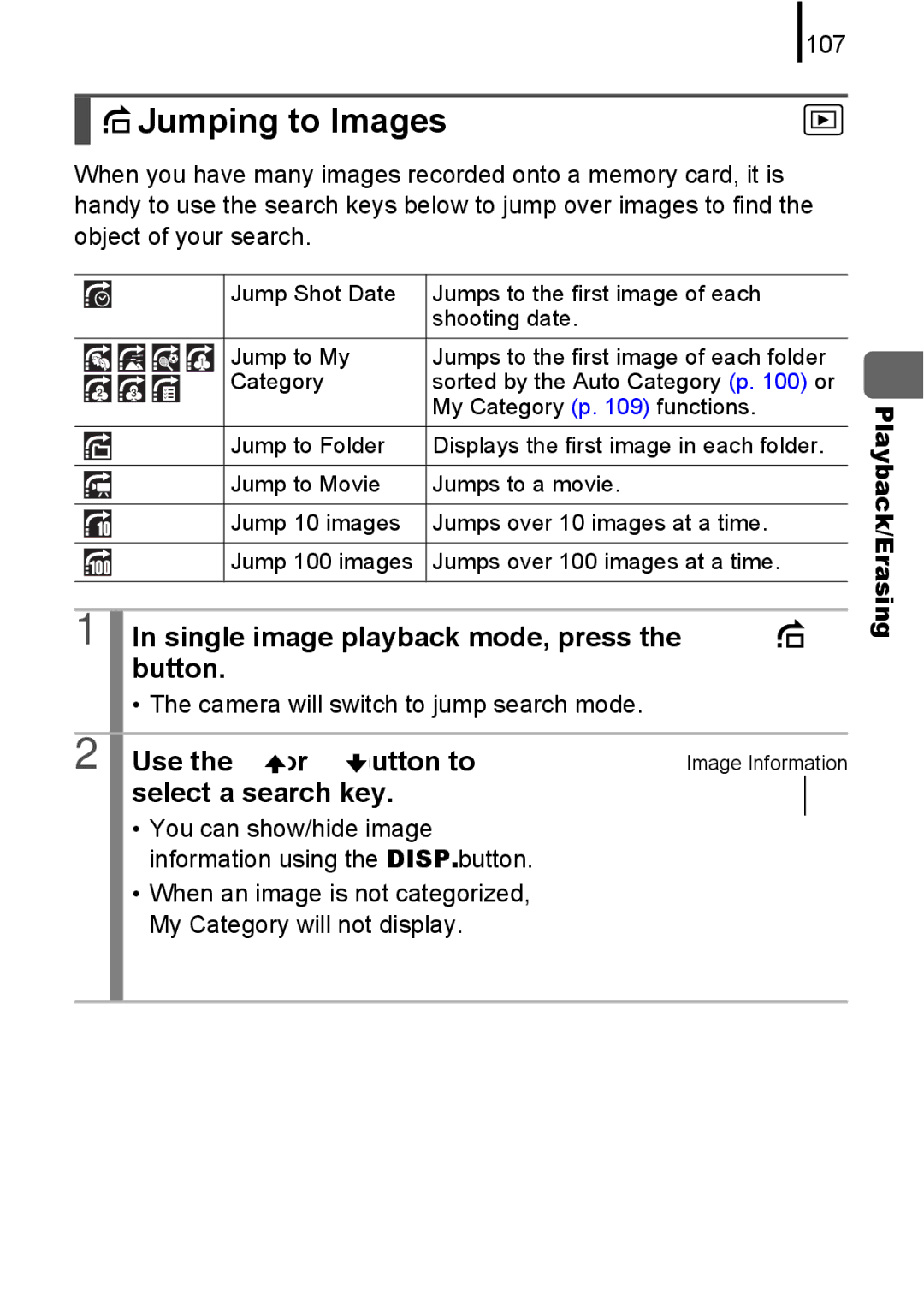 Canon A580 Jumping to Images, Single image playback mode, press the button, Use the or button to, Select a search key 