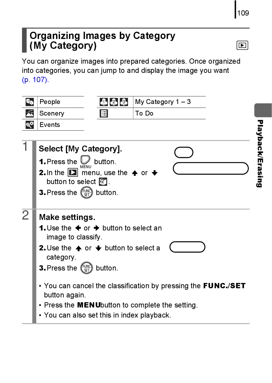 Canon A580 manual Organizing Images by Category My Category, Select My Category, 109 