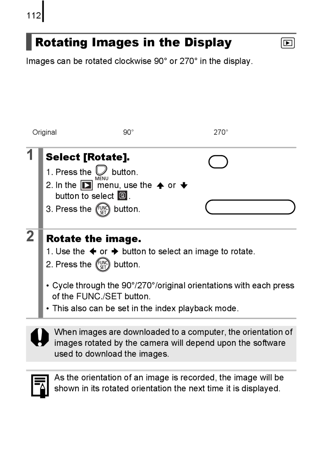 Canon A580 manual Rotating Images in the Display, Select Rotate, Rotate the image, 112 