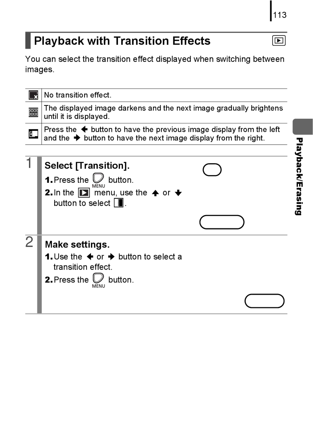 Canon A580 manual Playback with Transition Effects, Select Transition, 113 
