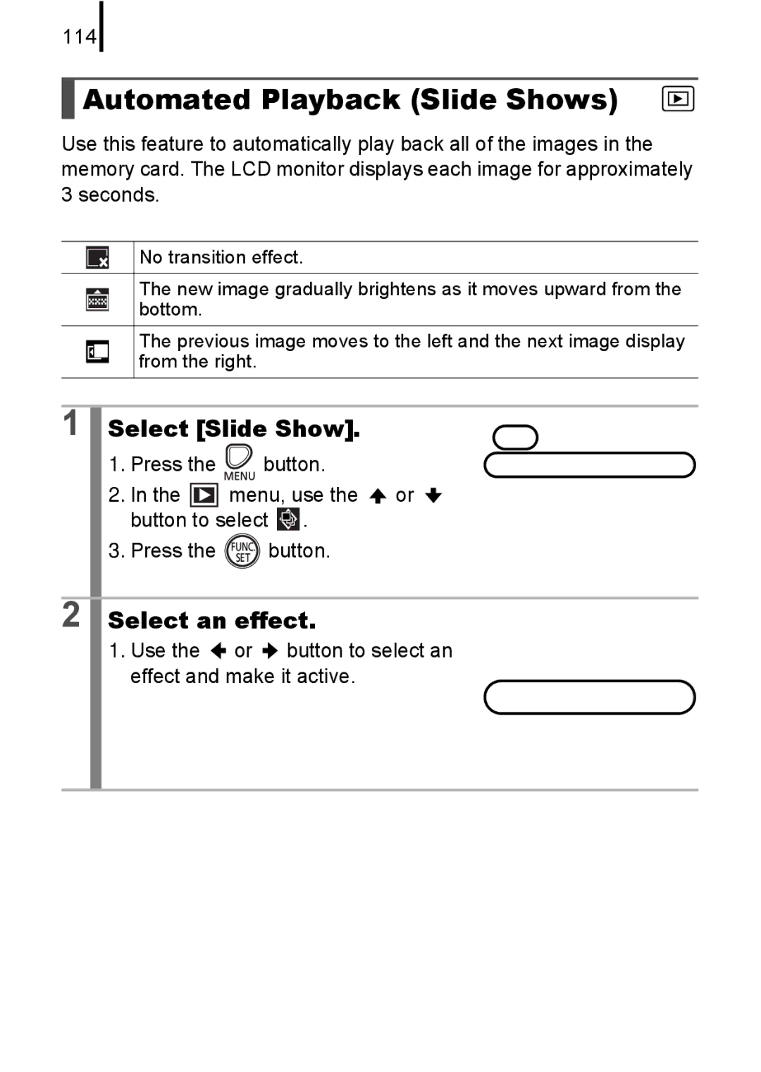 Canon A580 manual Automated Playback Slide Shows, Select Slide Show, Select an effect, 114 