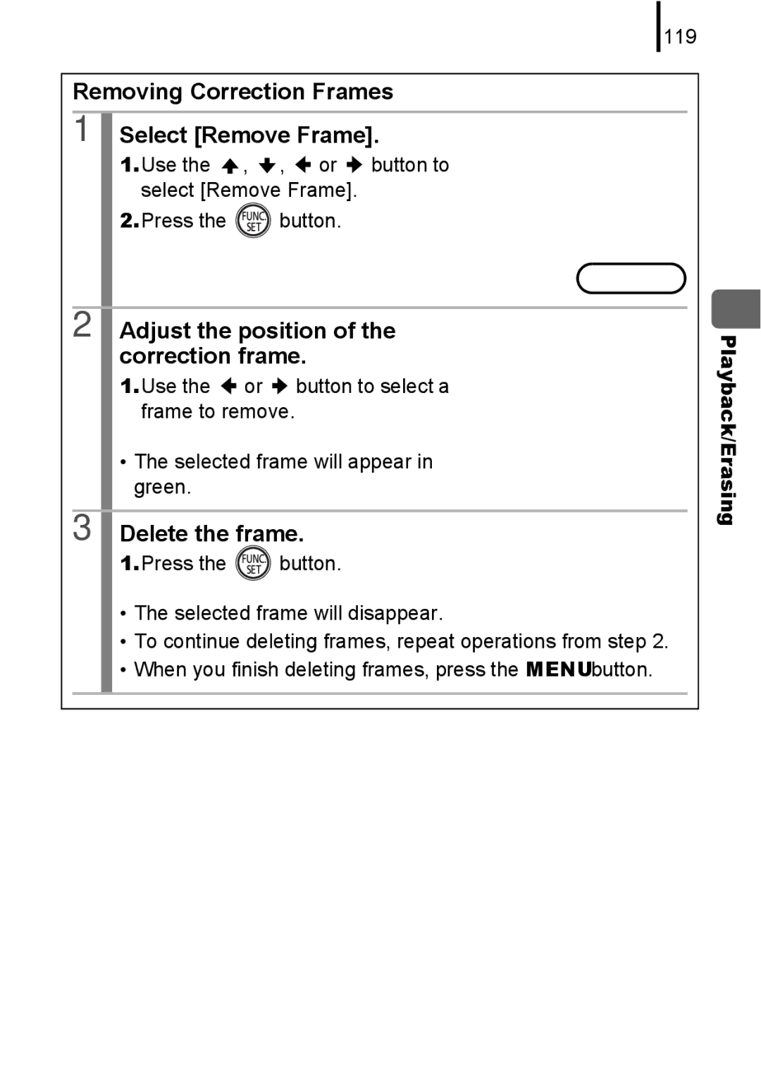Canon A580 manual Removing Correction Frames Select Remove Frame, Delete the frame, 119 
