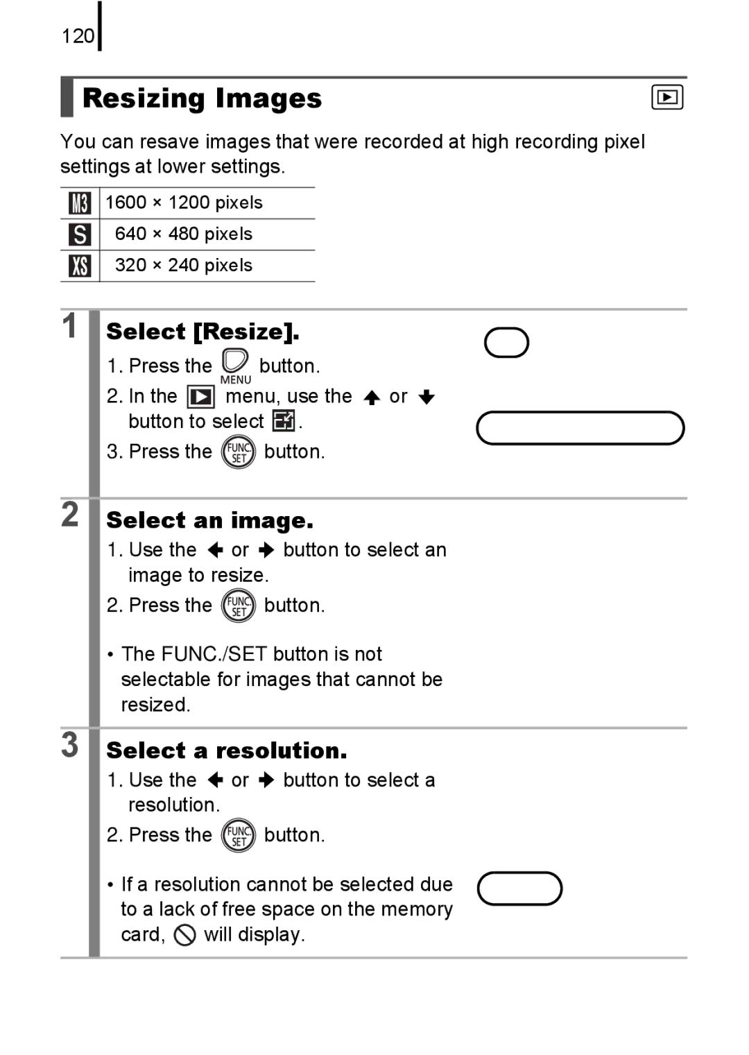 Canon A580 manual Resizing Images, Select Resize, Select a resolution, 120 