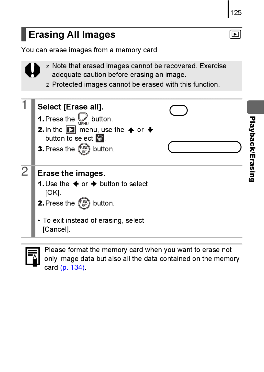 Canon A580 manual Erasing All Images, Select Erase all, Erase the images, 125 