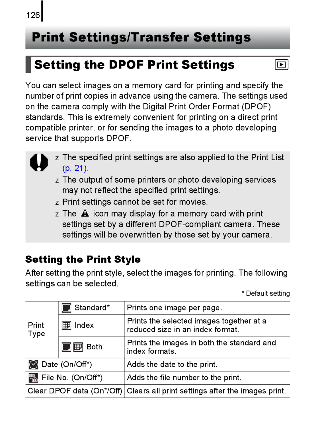 Canon A580 manual Print Settings/Transfer Settings, Setting the Dpof Print Settings, Setting the Print Style, 126 