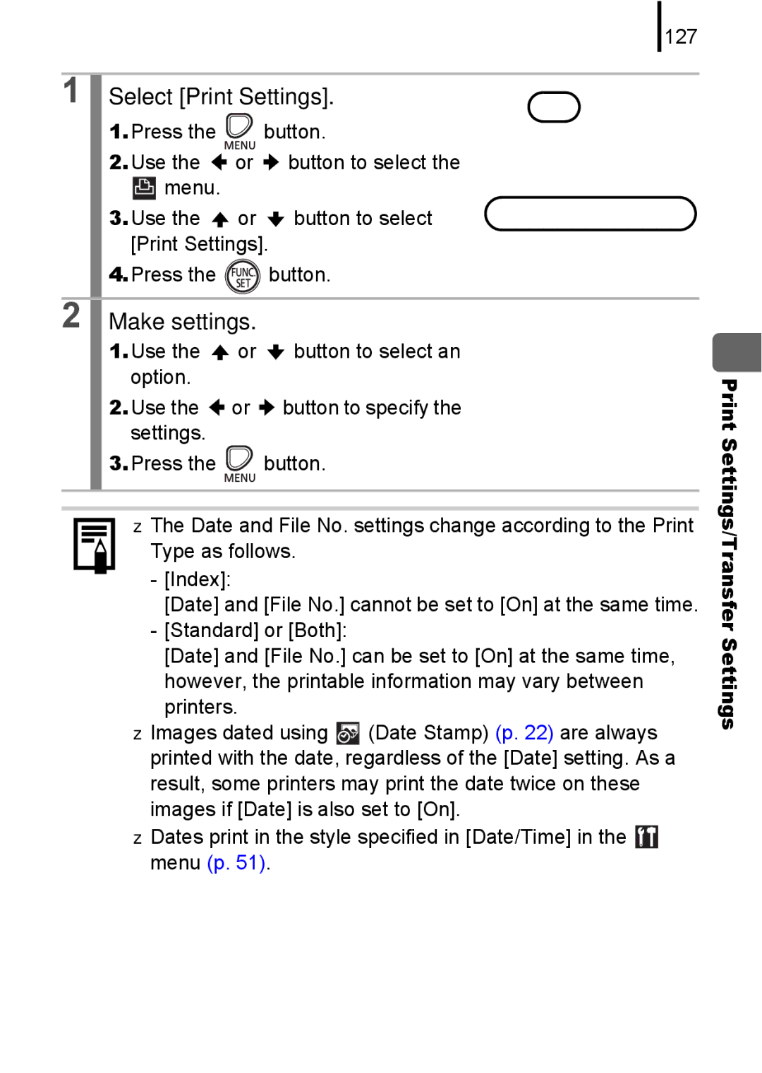 Canon A580 manual Select Print Settings, 127, Print Settings/Transfer Settings 