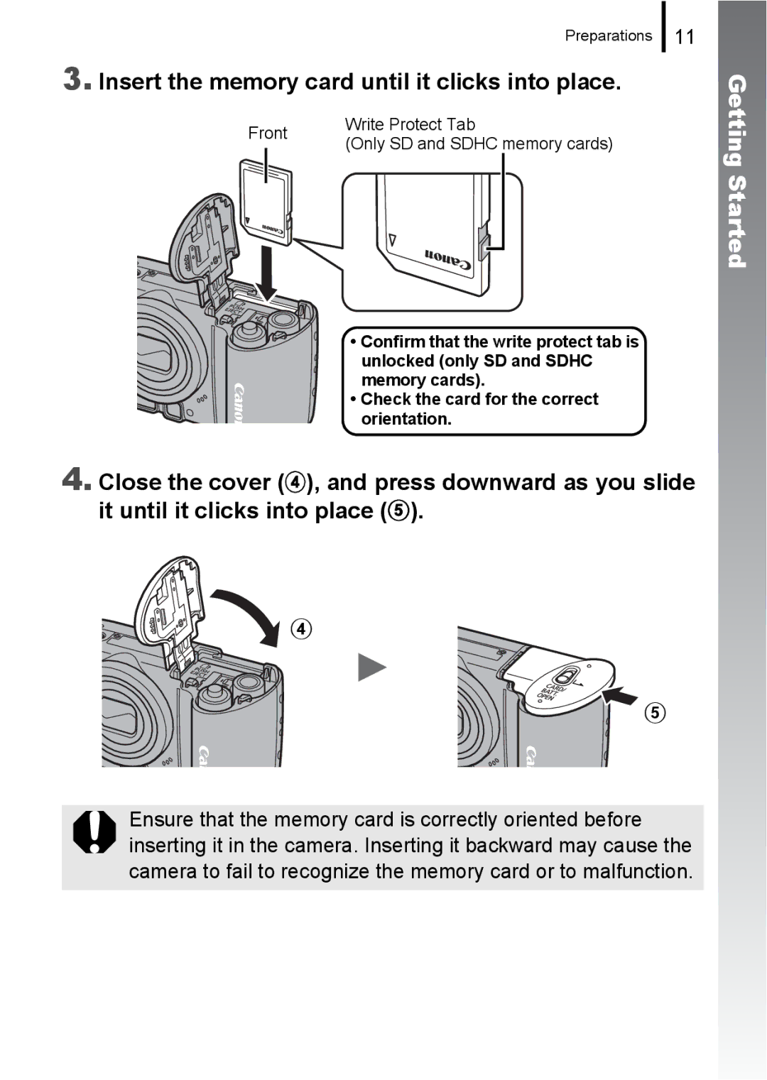 Canon A580 manual Insert the memory card until it clicks into place 