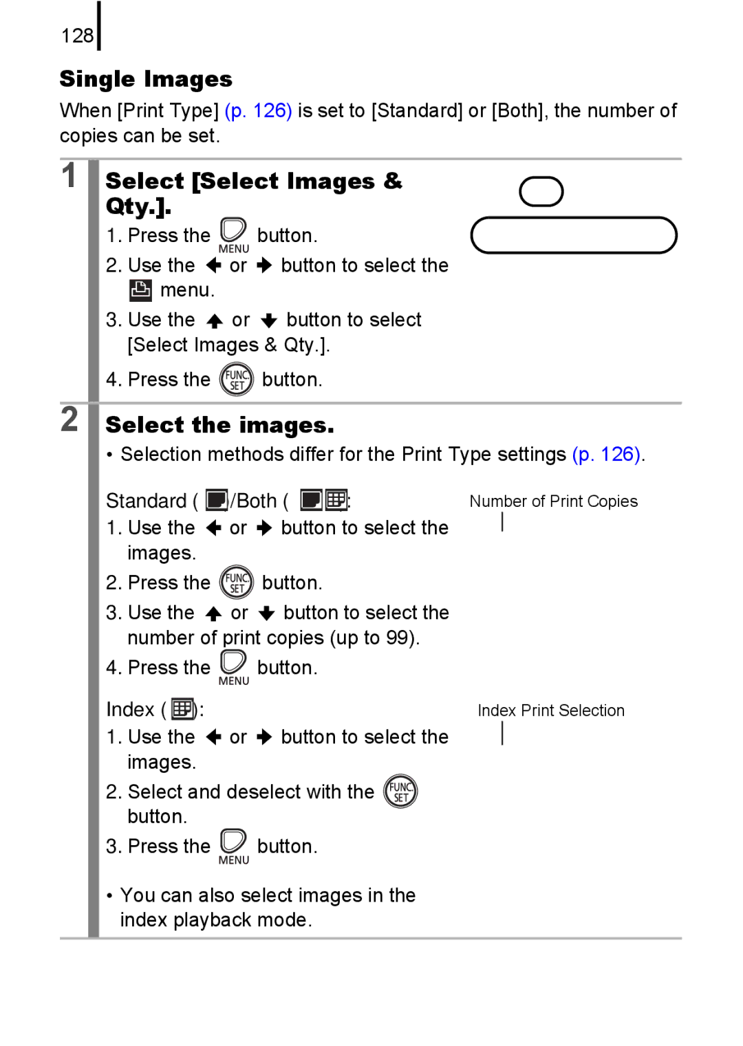 Canon A580 manual Single Images, Select Select Images Qty, Select the images, Standard Both, Index 