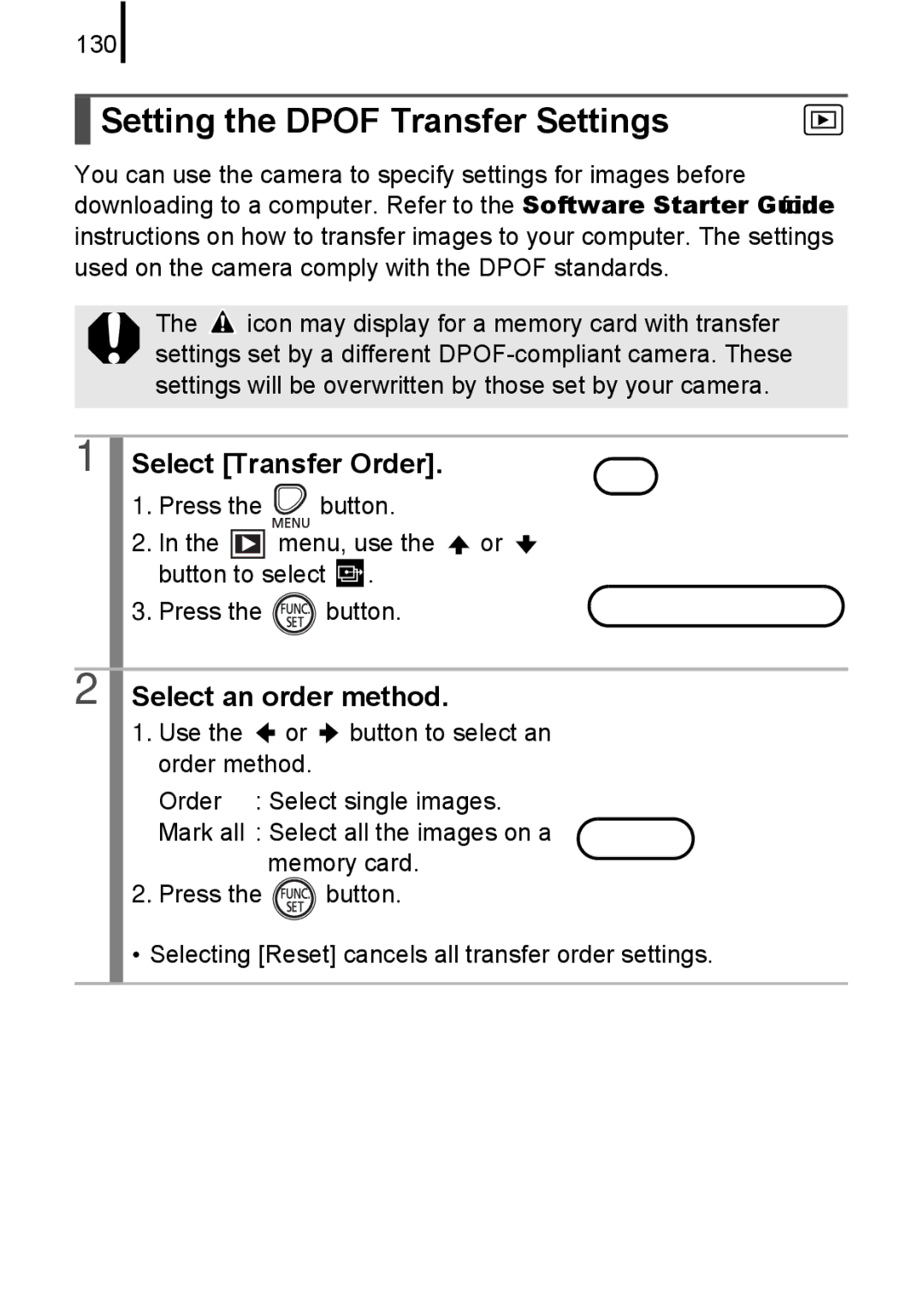 Canon A580 manual Setting the Dpof Transfer Settings, Select Transfer Order, Select an order method, 130 