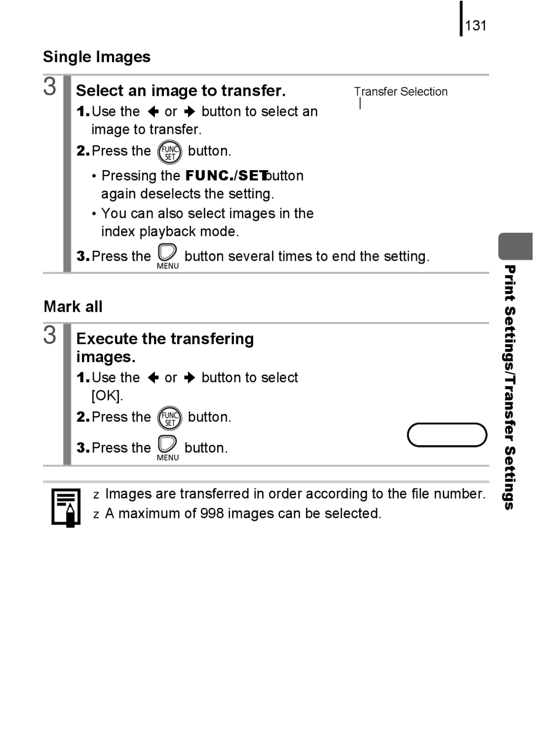 Canon A580 manual Single Images Select an image to transfer, Mark all Execute the transfering images, 131 