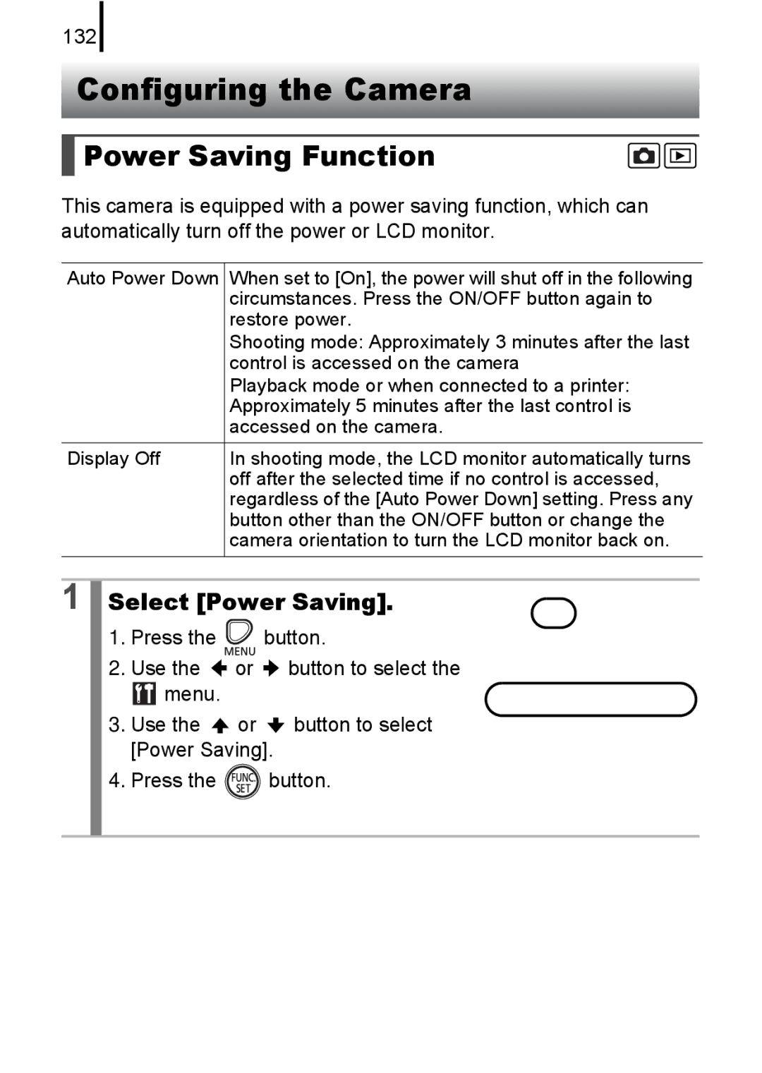 Canon A580 manual Configuring the Camera, Power Saving Function, Select Power Saving, 132 