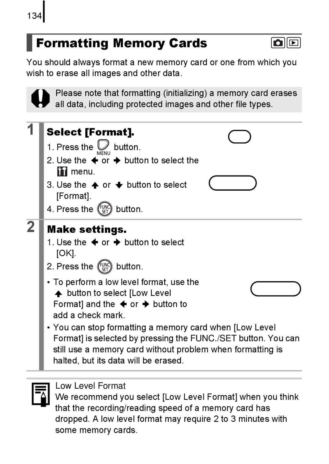 Canon A580 manual Formatting Memory Cards, Select Format, 134, Low Level Format 