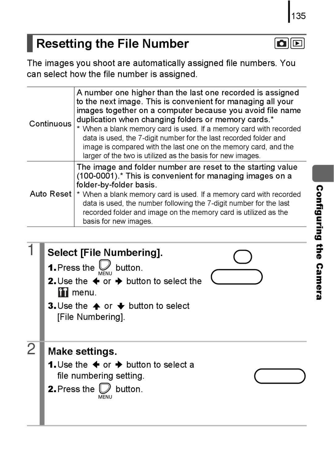 Canon A580 manual Resetting the File Number, Select File Numbering, 135 