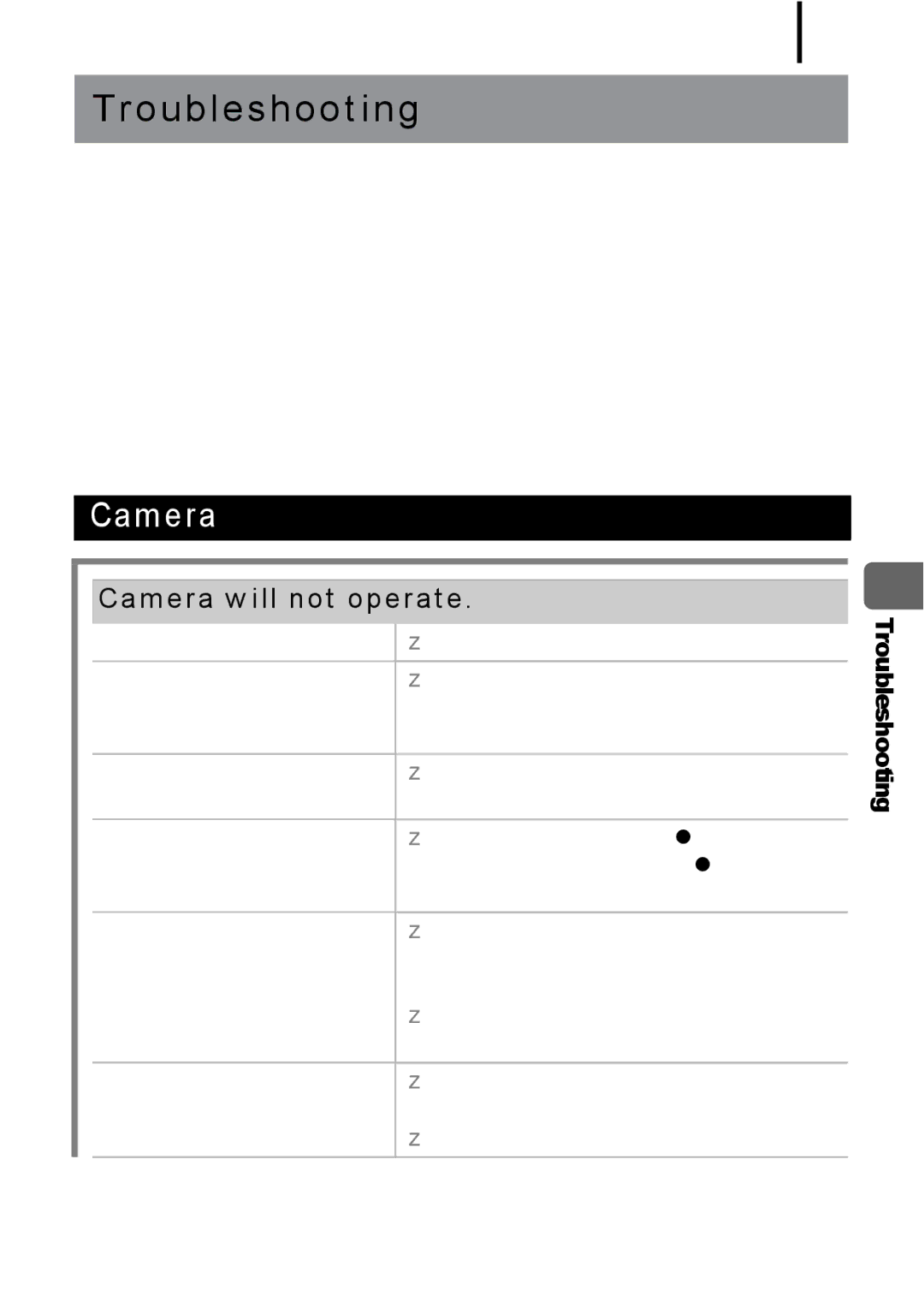 Canon A580 manual Troubleshooting, Camera will not operate, 143 