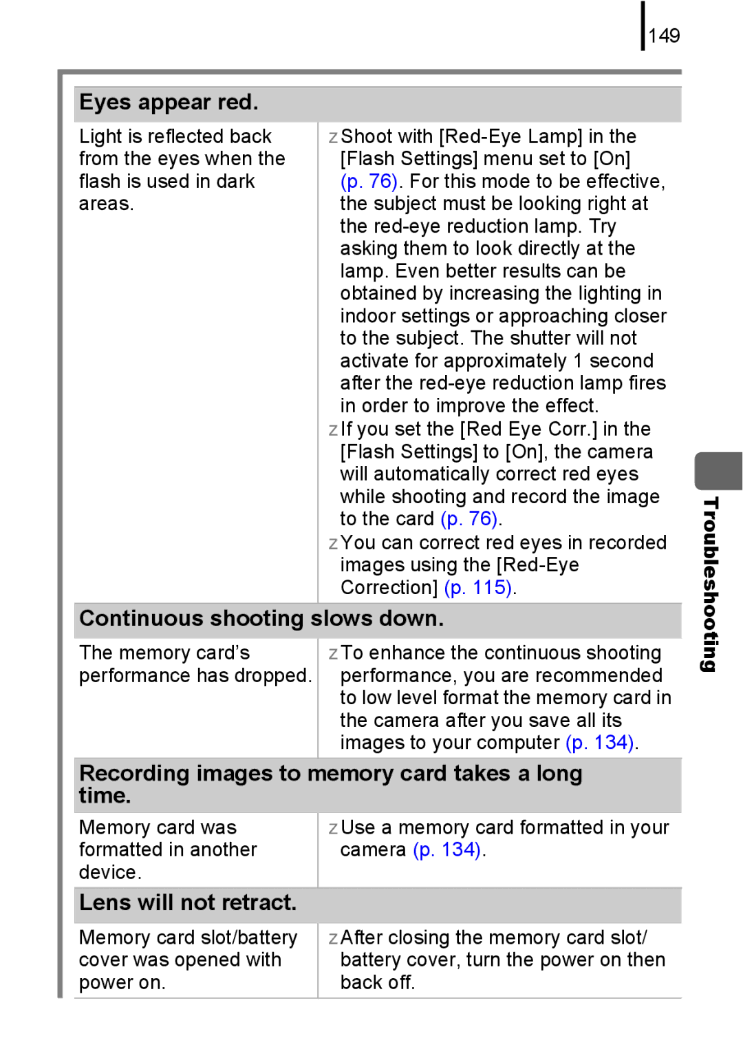 Canon A580 manual Eyes appear red, Continuous shooting slows down, Recording images to memory card takes a long time 