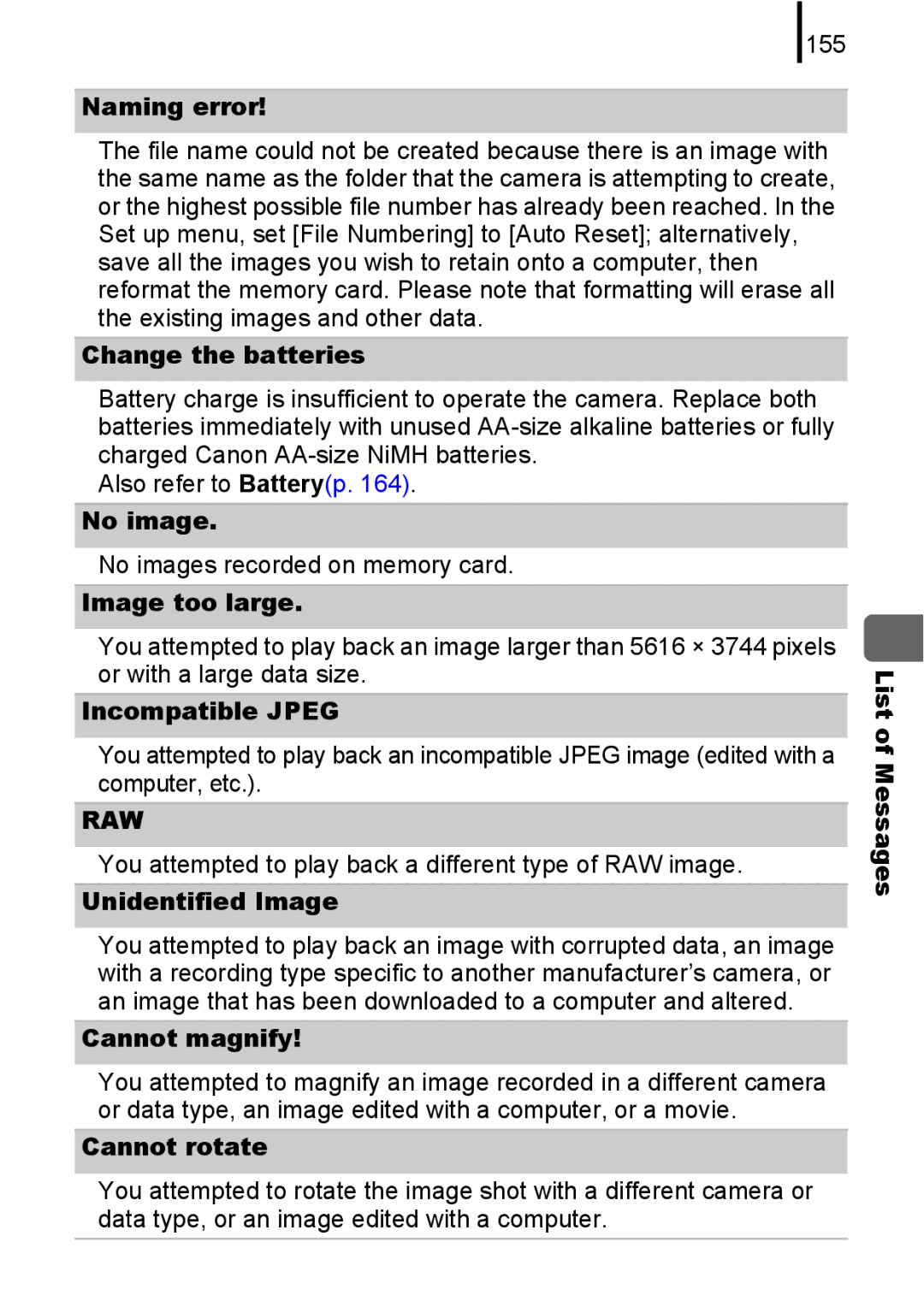 Canon A580 manual Naming error, Change the batteries, No image, Image too large, Incompatible Jpeg, Unidentified Image 