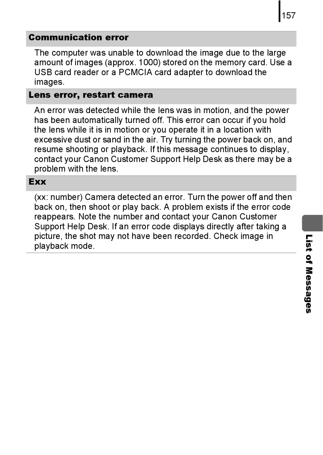 Canon A580 manual 157, Communication error, Lens error, restart camera, Exx 