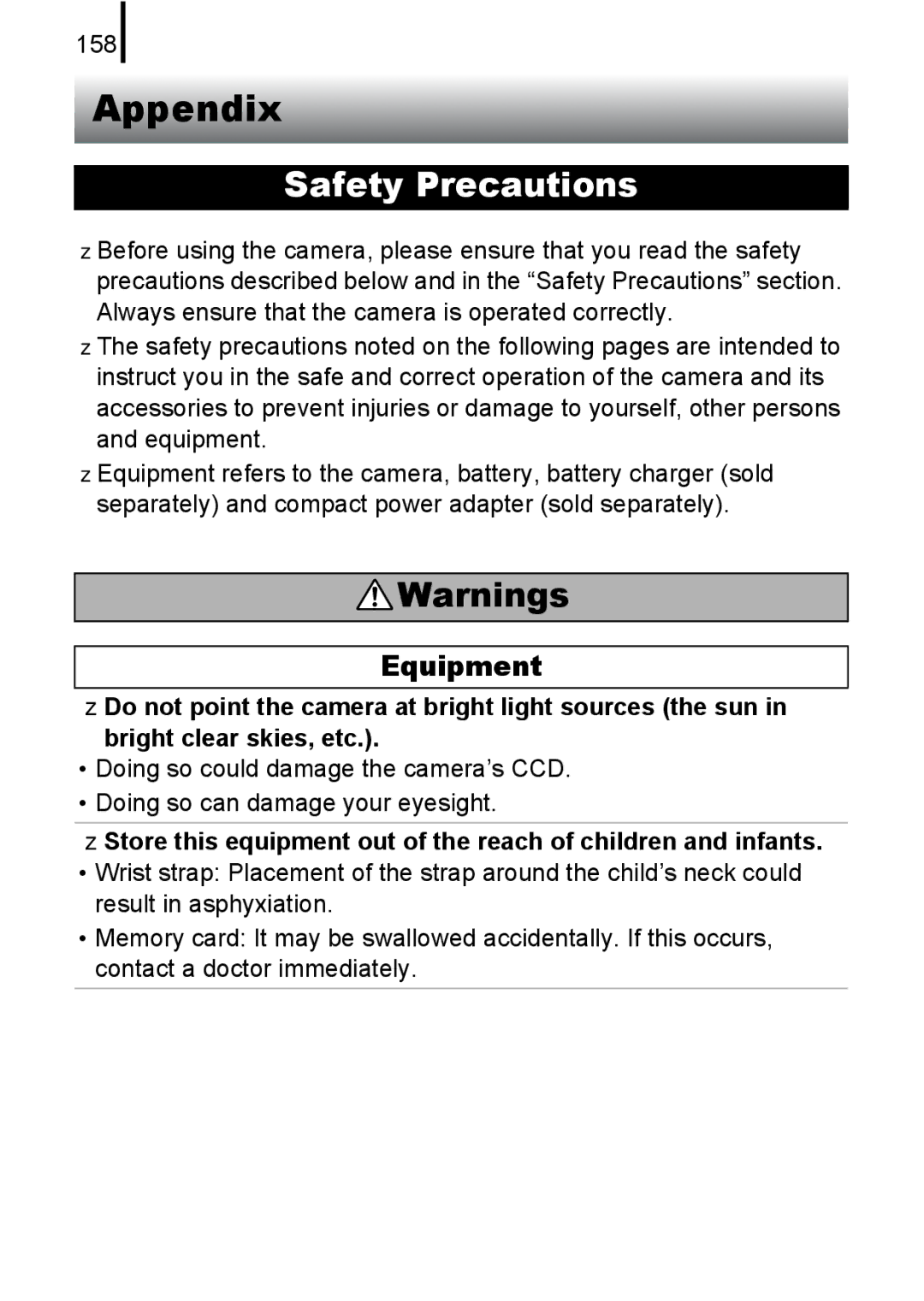 Canon A580 manual Appendix, Equipment, 158 