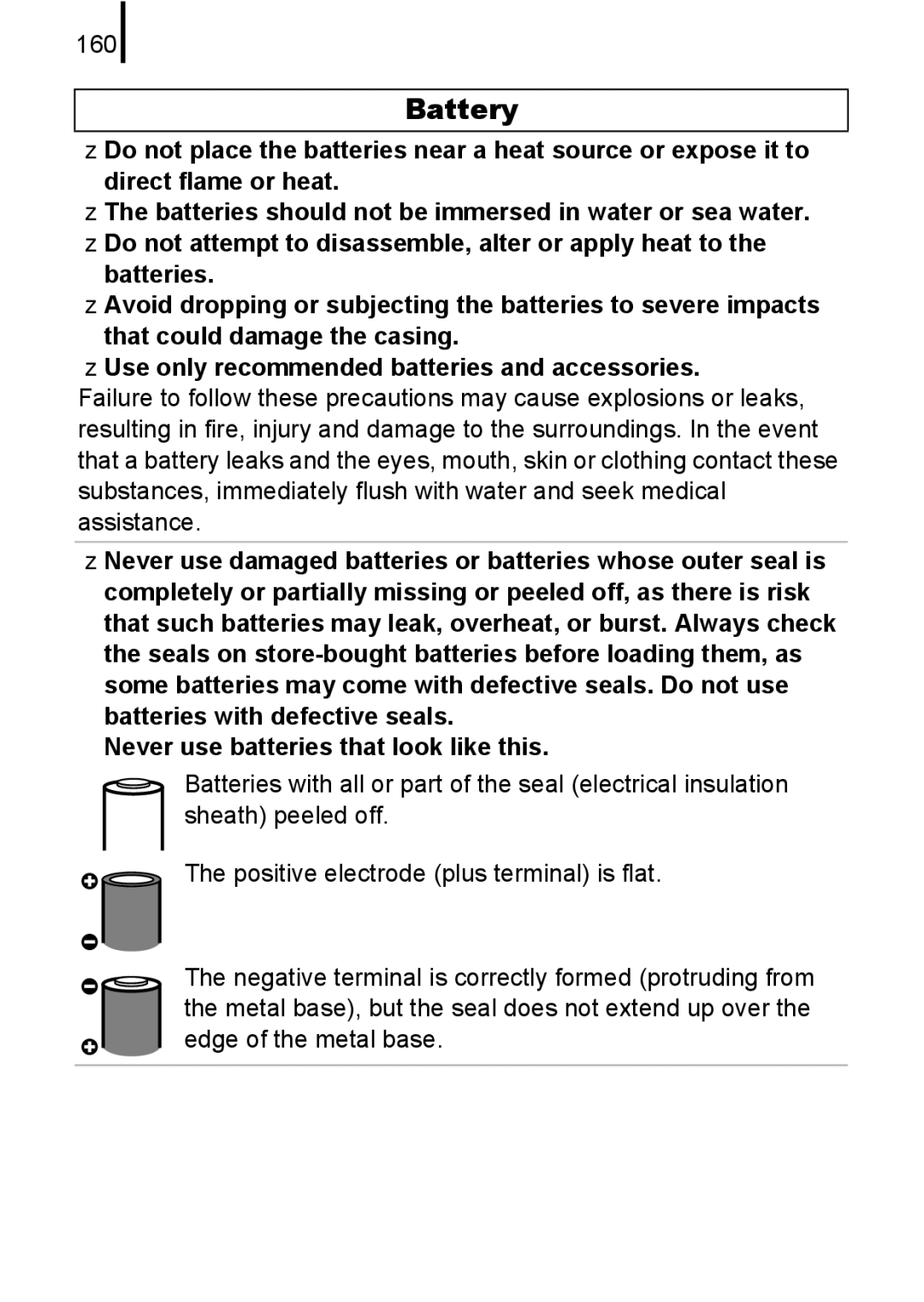Canon A580 manual Battery, 160, Never use batteries that look like this 