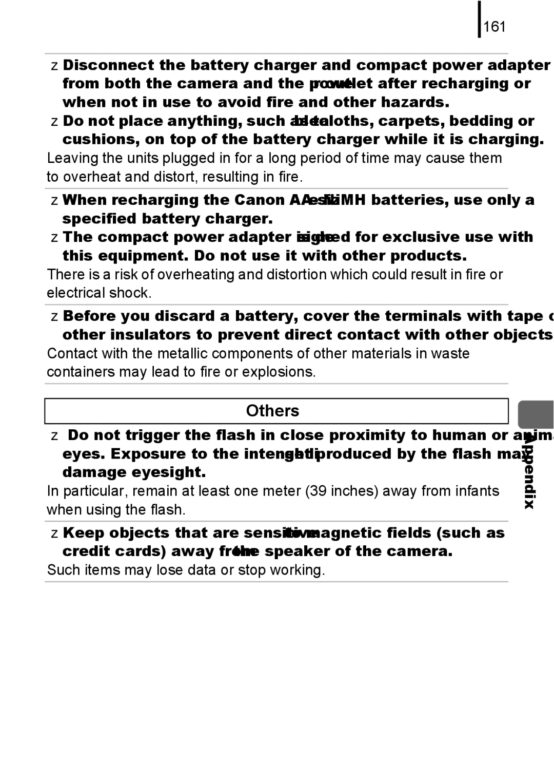 Canon A580 manual Others, 161, This equipment. Do not use it with other products, Such items may lose data or stop working 