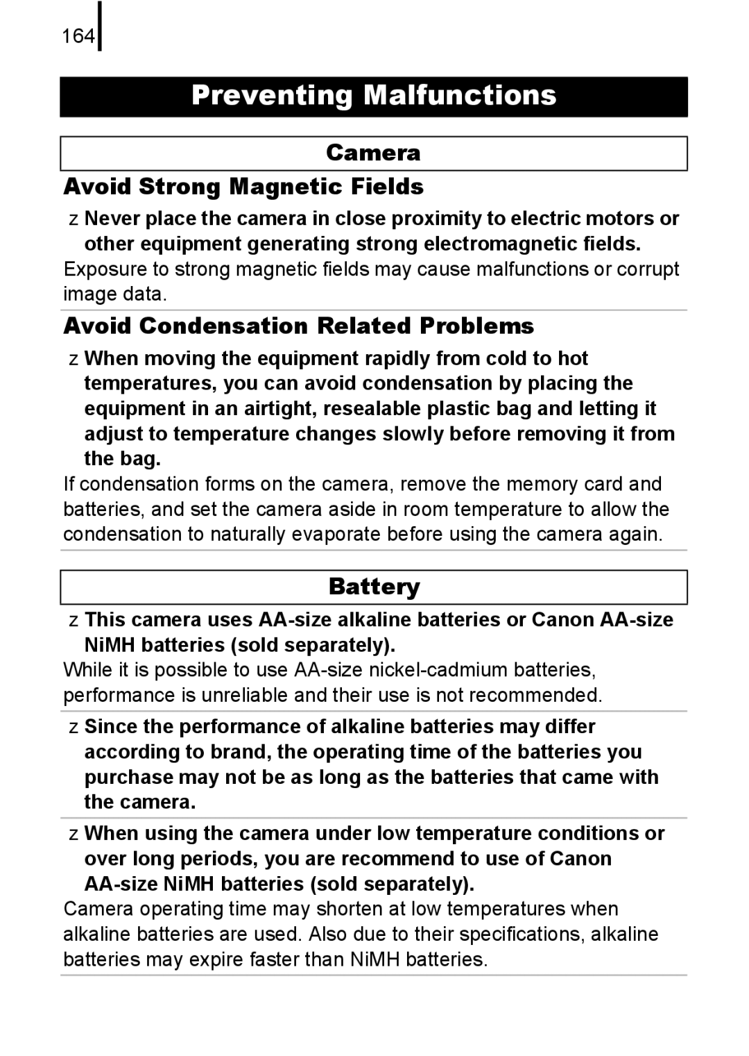 Canon A580 manual Camera Avoid Strong Magnetic Fields, Avoid Condensation Related Problems, 164, Bag 