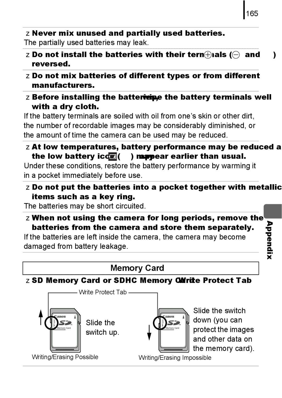 Canon A580 manual Memory Card, 165, Batteries may be short circuited 