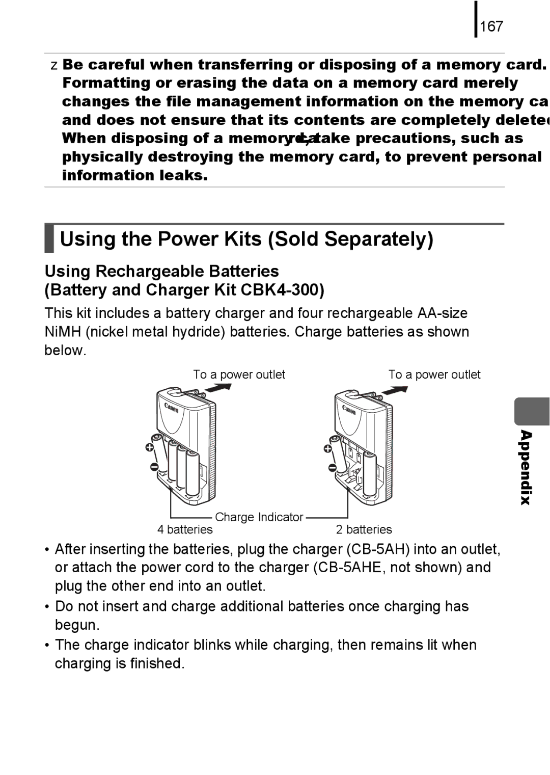 Canon A580 manual Using the Power Kits Sold Separately, 167 