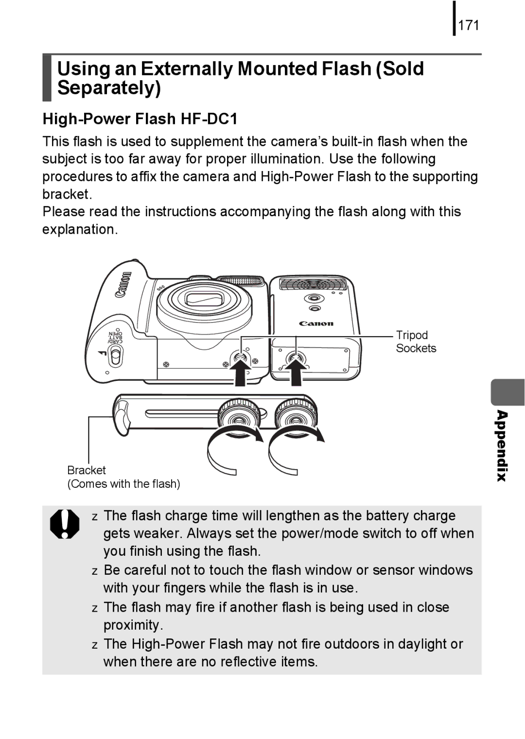 Canon A580 manual Using an Externally Mounted Flash Sold Separately, High-Power Flash HF-DC1, 171 