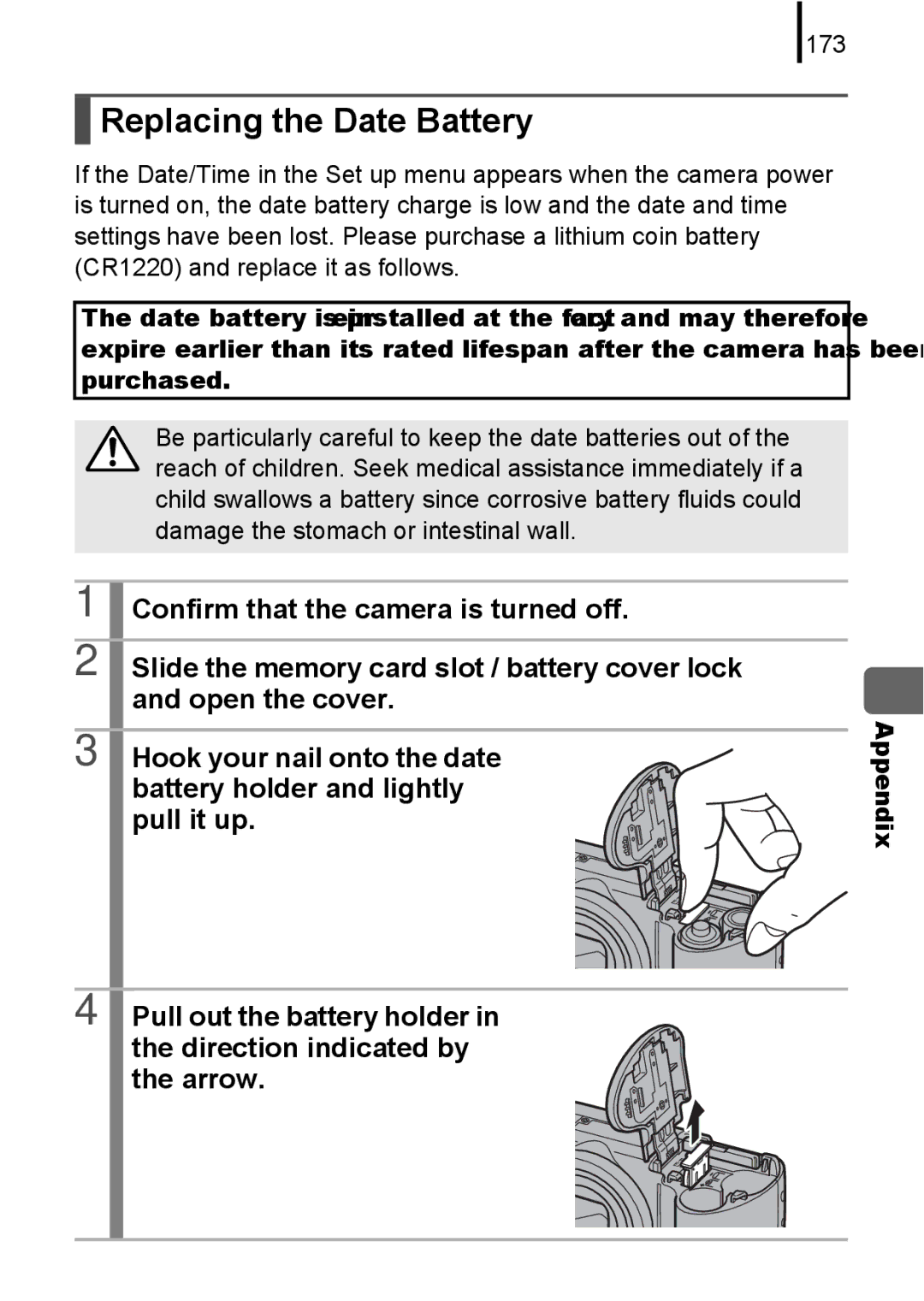 Canon A580 manual Replacing the Date Battery, 173 